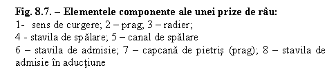 Text Box: Fig. 8.7. - Elementele componente ale unei prize de rau:
1- sens de curgere; 2 - prag; 3 - radier; 
4 - stavila de spalare; 5 - canal de spalare 
6 - stavila de admisie; 7 - capcana de pietris (prag); 8 - stavila de admisie in aductiune

