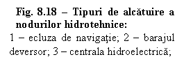 Text Box: Fig. 8.18 - Tipuri de alcatuire a nodurilor hidrotehnice:
1 - ecluza de navigatie; 2 - barajul deversor; 3 - centrala hidroelectrica;
