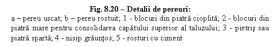 Text Box: Fig. 8.20 - Detalii de pereuri:
a - pereu uscat; b - pereu rostuit; 1 - blocuri din piatra cioplita; 2 - blocuri din piatra mare pentru consolidarea capatului superior al taluzului; 3 - pietris sau piatra sparta; 4 - nisip grauntos; 5 - rosturi cu ciment
