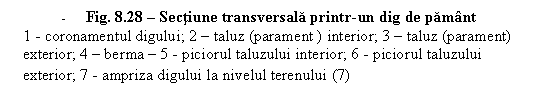 Text Box: - Fig. 8.28 - Sectiune transversala printr-un dig de pamant
- 1 - coronamentul digului; 2 - taluz (parament ) interior; 3 - taluz (parament) exterior; 4 - berma - 5 - piciorul taluzului interior; 6 - piciorul taluzului exterior; 7 - ampriza digului la nivelul terenului (7)
