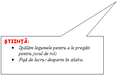 Rectangular Callout: STIINTA: 
. Spalam legumele pentru a le pregati pentru jocul de rol;
. Fisa de lucru: desparte in silabe.
