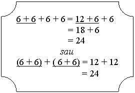 Plaque: 6 + 6 + 6 + 6 = 12 + 6 + 6 
                      = 18 + 6
                      = 24 
sau
(6 + 6) + ( 6 + 6) = 12 + 12
                            = 24
