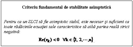 Text Box: Criteriu fundamental de stabilitate asimptotica

Pentru ca un SLCI sa fie asimptotic stabil, este necesar si suficient ca toate radacinile ecuatiei sale caracteristice sa aiba partea reala strict negativa:
 .

