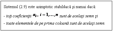 Text Box: Sistemul (2.9) este asimptotic stabildaca si numai daca:
- toti coeficientii sunt de acelasi semn si
- toate elementele de pe prima coloana sunt de acelasi semn.
