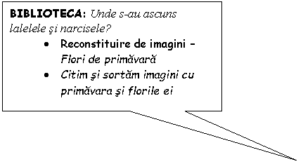 Rectangular Callout: BIBLIOTECA: Unde s-au ascuns lalelele si narcisele?
. Reconstituire de imagini - Flori de primavara
. Citim si sortam imagini cu primavara si florile ei
