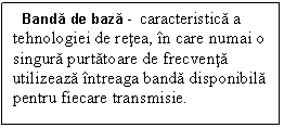 Text Box:   Banda de baza -  caracteristica a tehnologiei de retea, in care numai o singura purtatoare de frecventa utilizeaza intreaga banda disponibila pentru fiecare transmisie. 