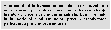 Text Box: Vom contribui la bunastarea societatii prin dezvoltarea unor afaceri si produse care vor satisface clientii. Inainte de orice, noi credem in calitate. Dorim primatul in inginerie si sustinem valori precum creativitatea, participarea si increderea mutuala.