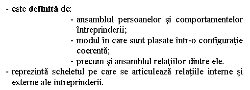 Text Box: - este definita de:
- ansamblul persoanelor si comportamentelor intreprinderii;
- modul in care sunt plasate intr-o configuratie coerenta;
- precum si ansamblul relatiilor dintre ele.
- reprezinta scheletul pe care se articuleaza relatiile interne si externe ale intreprinderii.
