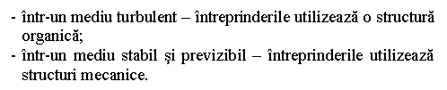 Text Box: - intr-un mediu turbulent - intreprinderile utilizeaza o structura organica;
- intr-un mediu stabil si previzibil - intreprinderile utilizeaza structuri mecanice.
