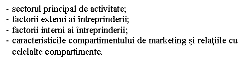 Text Box: - sectorul principal de activitate;
- factorii externi ai intreprinderii;
- factorii interni ai intreprinderii;
- caracteristicile compartimentului de marketing si relatiile cu celelalte compartimente.
