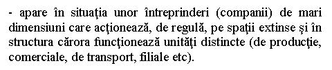 Text Box: - apare in situatia unor intreprinderi (companii) de mari dimensiuni care actioneaza, de regula, pe spatii extinse si in structura carora functioneaza unitati distincte (de productie, comerciale, de transport, filiale etc).