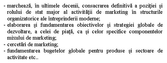 Text Box: - marcheaza, in ultimele decenii, consacrarea definitiva a pozitiei si rolului de stat major al activitatii de marketing in structurile organizatorice ale intreprinderii moderne;
- elaborarea si fundamentarea obiectivelor si strategiei globale de dezvoltare, a celei de piata, ca si celor specifice componentelor mixului de marketing;
- cercetari de marketing;
- fundamentarea bugetelor globale pentru produse si sectoare de activitate etc..
