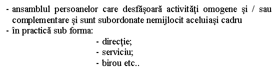 Text Box: - ansamblul persoanelor care desfasoara activitati omogene si / sau complementare si sunt subordonate nemijlocit aceluiasi cadru
- in practica sub forma:
- directie;
- serviciu;
- birou etc..
