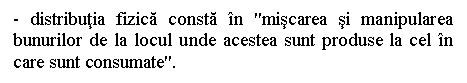 Text Box: - distributia fizica consta in 'miscarea si manipularea bunurilor de la locul unde acestea sunt produse la cel in care sunt consumate'.

