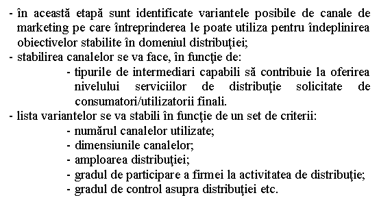 Text Box: - in aceasta etapa sunt identificate variantele posibile de canale de marketing pe care intreprinderea le poate utiliza pentru indeplinirea obiectivelor stabilite in domeniul distributiei;
- stabilirea canalelor se va face, in functie de: 
- tipurile de intermediari capabili sa contribuie la oferirea nivelului serviciilor de distributie solicitate de consumatori/utilizatorii finali.
- lista variantelor se va stabili in functie de un set de criterii:
- numarul canalelor utilizate;
- dimensiunile canalelor;
- amploarea distributiei;
- gradul de participare a firmei la activitatea de distributie;
- gradul de control asupra distributiei etc.

