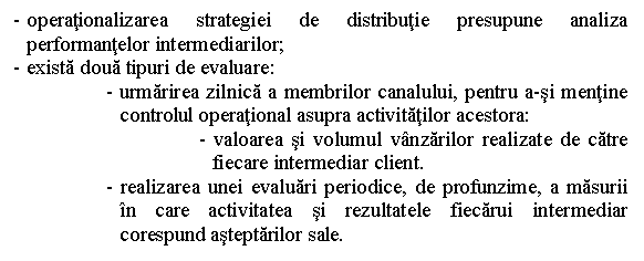 Text Box: - operationalizarea strategiei de distributie presupune analiza performantelor intermediarilor;
- exista doua tipuri de evaluare:
- urmarirea zilnica a membrilor canalului, pentru a-si mentine controlul operational asupra activitatilor acestora: 
- valoarea si volumul vanzarilor realizate de catre fiecare intermediar client.
- realizarea unei evaluari periodice, de profunzime, a masurii in care activitatea si rezultatele fiecarui intermediar corespund asteptarilor sale. 

