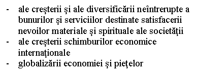 Text Box: - ale cresterii si ale diversificarii neintrerupte a bunurilor si serviciilor destinate satisfacerii nevoilor materiale si spirituale ale societatii
- ale cresterii schimburilor economice internationale
- globalizarii economiei si pietelor

