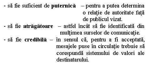 Text Box: - sa fie suficient de puternica - pentru a putea determina o relatie de autoritate fata de publicul vizat.
- sa fie atragatoare - astfel incat sa fie identificata din multimea surselor de comunicatie.
- sa fie credibila - in sensul ca, pentru a fi acceptata, mesajele puse in circulatie trebuie sa corespunda sistemului de valori ale destinatarului.

