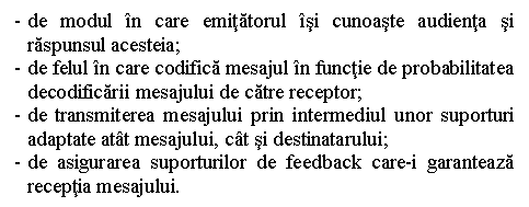 Text Box: - de modul in care emitatorul isi cunoaste audienta si raspunsul acesteia;
- de felul in care codifica mesajul in functie de probabilitatea decodificarii mesajului de catre receptor;
- de transmiterea mesajului prin intermediul unor suporturi adaptate atat mesajului, cat si destinatarului;
- de asigurarea suporturilor de feedback care-i garanteaza receptia mesajului.

