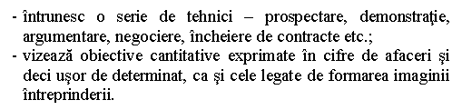 Text Box: - intrunesc o serie de tehnici - prospectare, demonstratie, argumentare, negociere, incheiere de contracte etc.;
- vizeaza obiective cantitative exprimate in cifre de afaceri si deci usor de determinat, ca si cele legate de formarea imaginii intreprinderii.

