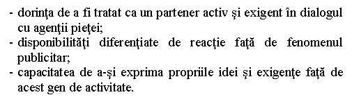 Text Box: - dorinta de a fi tratat ca un partener activ si exigent in dialogul cu agentii pietei;
- disponibilitati diferentiate de reactie fata de fenomenul publicitar;
- capacitatea de a-si exprima propriile idei si exigente fata de acest gen de activitate.

