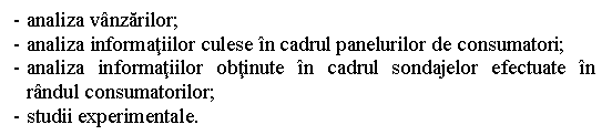 Text Box: - analiza vanzarilor;
- analiza informatiilor culese in cadrul panelurilor de consumatori;
- analiza informatiilor obtinute in cadrul sondajelor efectuate in randul consumatorilor;
- studii experimentale.
