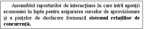 Text Box: Ansamblul raporturilor de interactiune in care intra agentii economiei in lupta pentru asigurarea surselor de aprovizionare si a pietelor de desfacere formeaza sistemul relatiilor de concurenta.