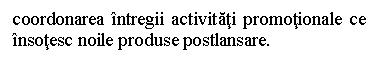 Text Box: coordonarea intregii activitati promotionale ce insotesc noile produse postlansare.

