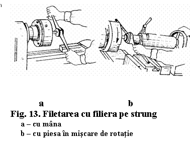 Line Callout 2 (No Border): 


 a b
Fig. 13. Filetarea cu filiera pe strung
 a - cu mana
 b - cu piesa in miscare de rotatie


